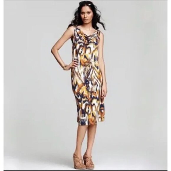 NWT Tory Burch Verda Dress XS Matmi Silk Ikat Midi Sheath Resort Cowl Neck - Picture 2 of 14
